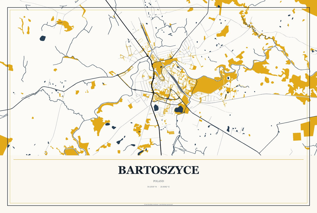 Bartoszyce, Poland City Map Aluminum Sign in Citrine Modern style