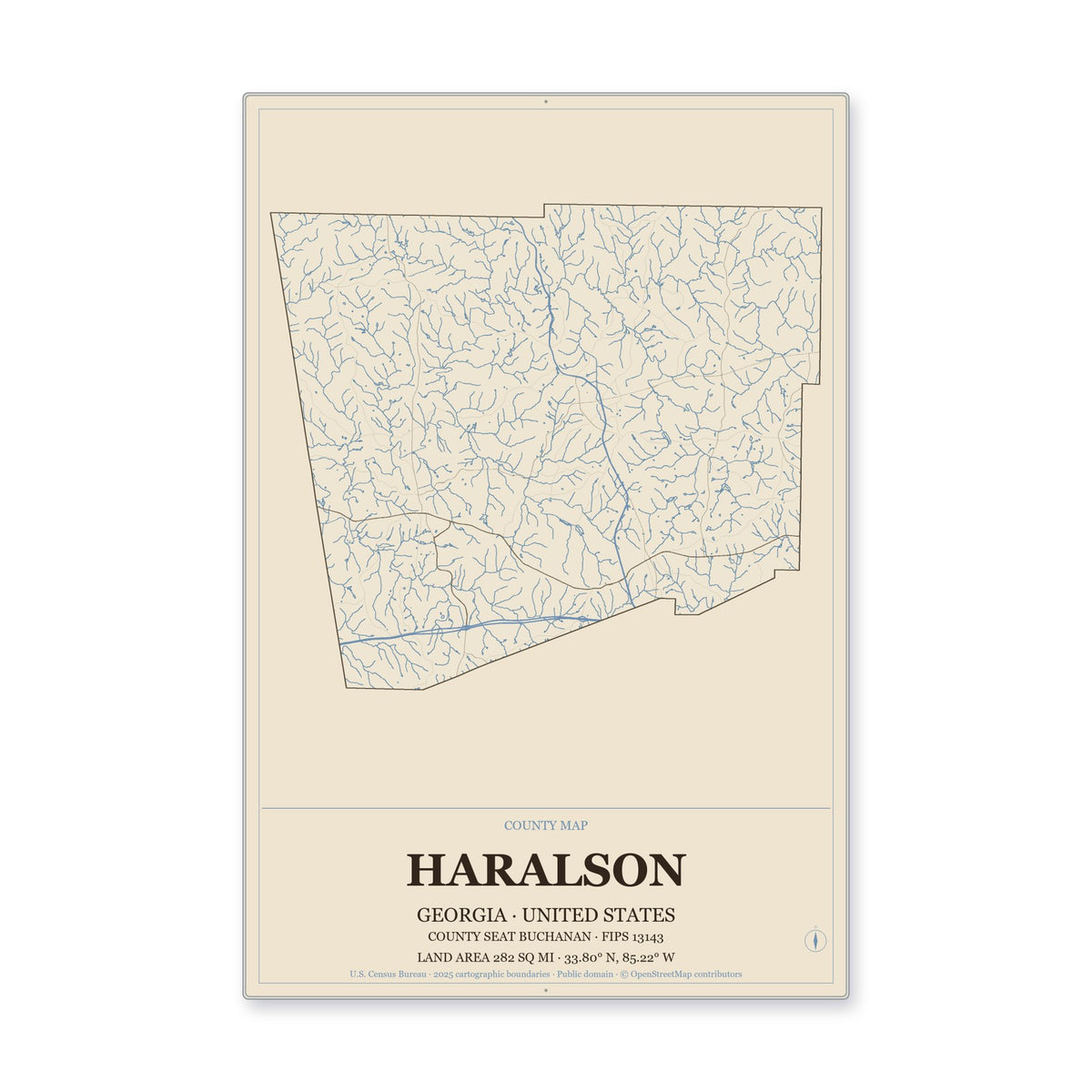 Haralson County, Georgia Map Aluminum Sign in Heritage Nautical style