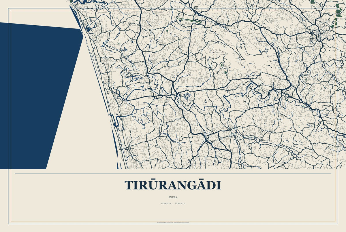 Tirūrangādi, India City Map Aluminum Sign in Coastal Cutout style