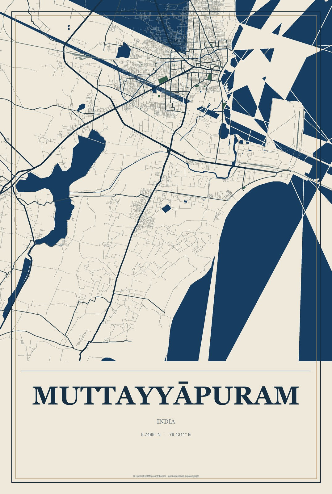 Muttayyāpuram, India City Map Aluminum Sign in Coastal Cutout style