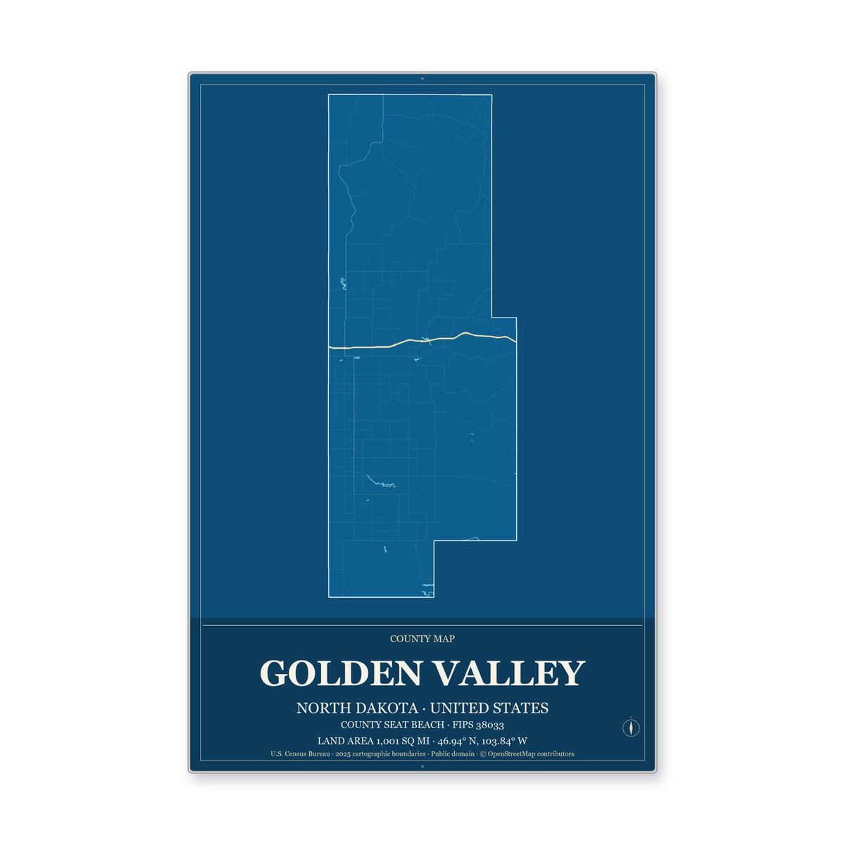Golden Valley County, North Dakota Map Aluminum Sign in Harbor Cobalt style