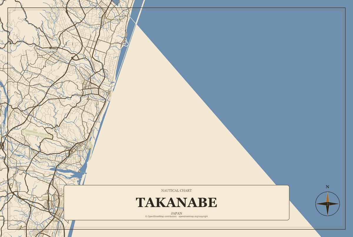 Takanabe, Japan City Map Aluminum Sign in Heritage Nautical style