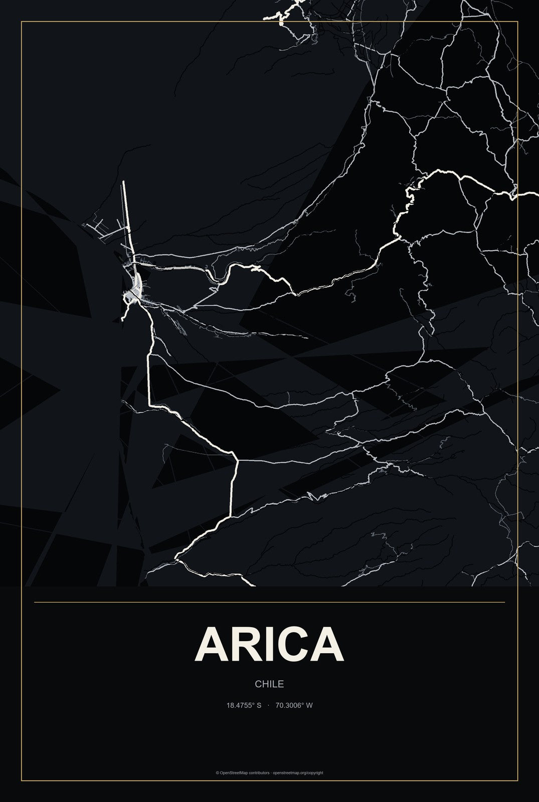 Arica, Chile City Map Aluminum Sign in Metropolitan Noir style