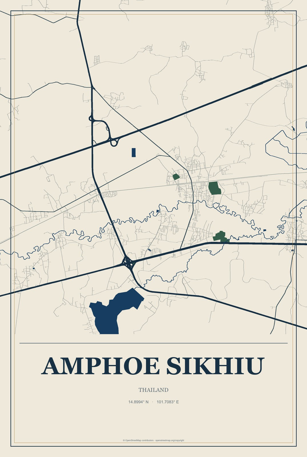 Amphoe Sikhiu, Thailand City Map Aluminum Sign in Coastal Cutout style