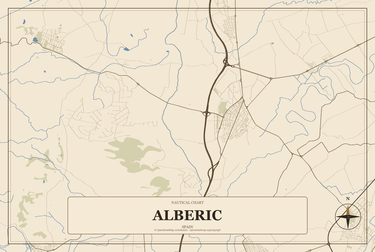 Alberic, Spain City Map Aluminum Sign in Heritage Nautical style