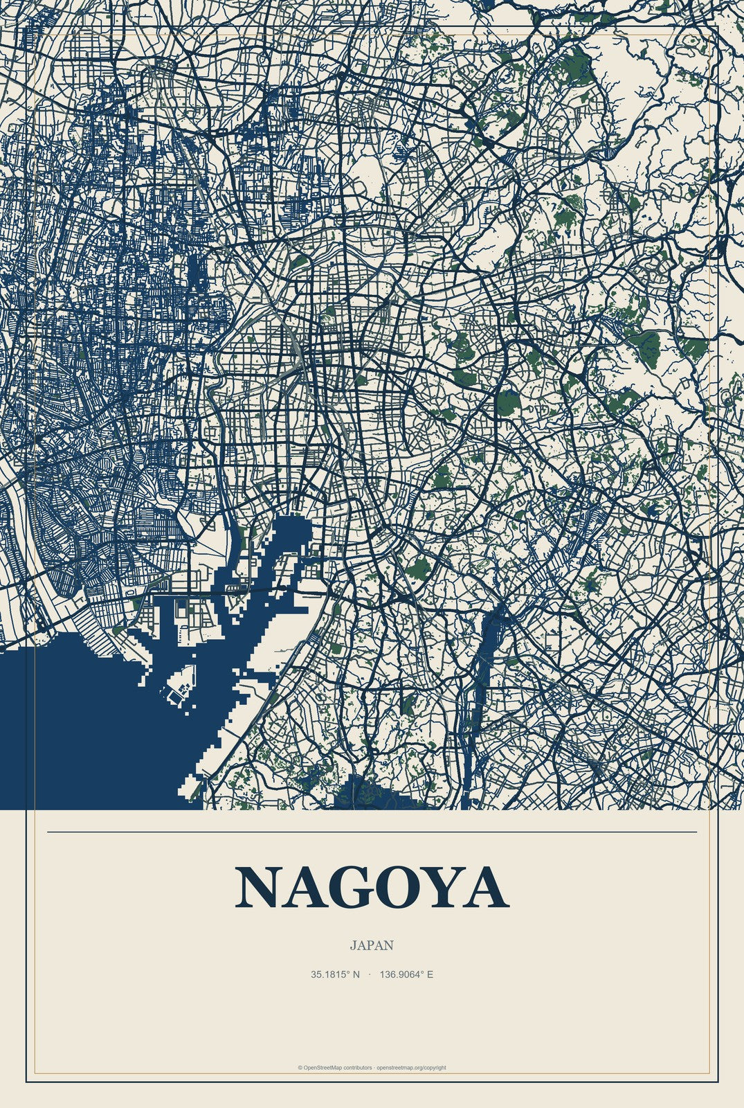 Nagoya, Japan City Map Aluminum Sign in Coastal Cutout style