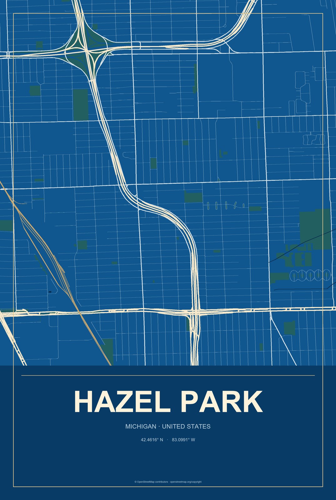 Hazel Park, Michigan City Map Aluminum Sign in Harbor Cobalt style