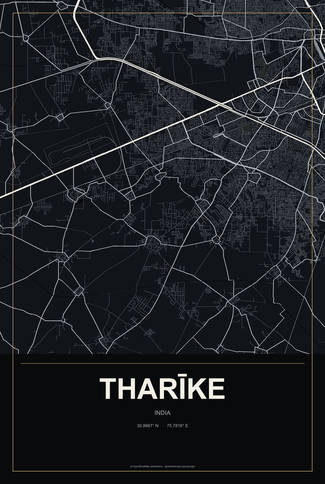 Tharīke, India City Map Aluminum Sign in Metropolitan Noir style