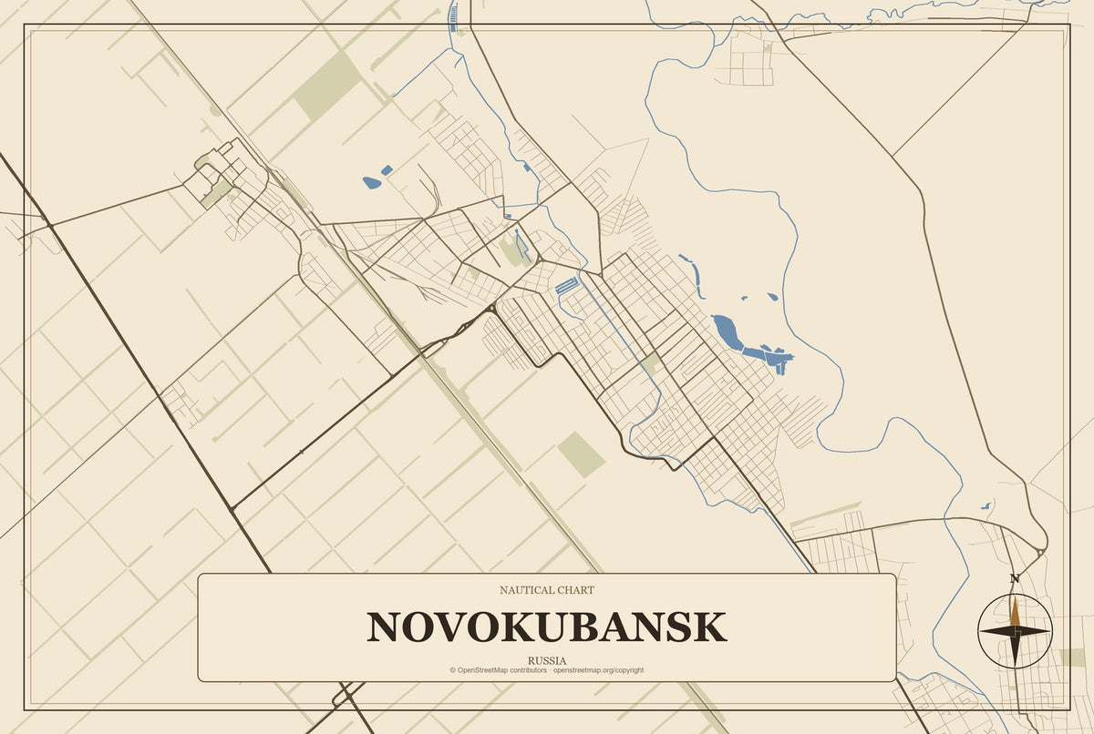 Novokubansk, Russia City Map Aluminum Sign in Heritage Nautical style