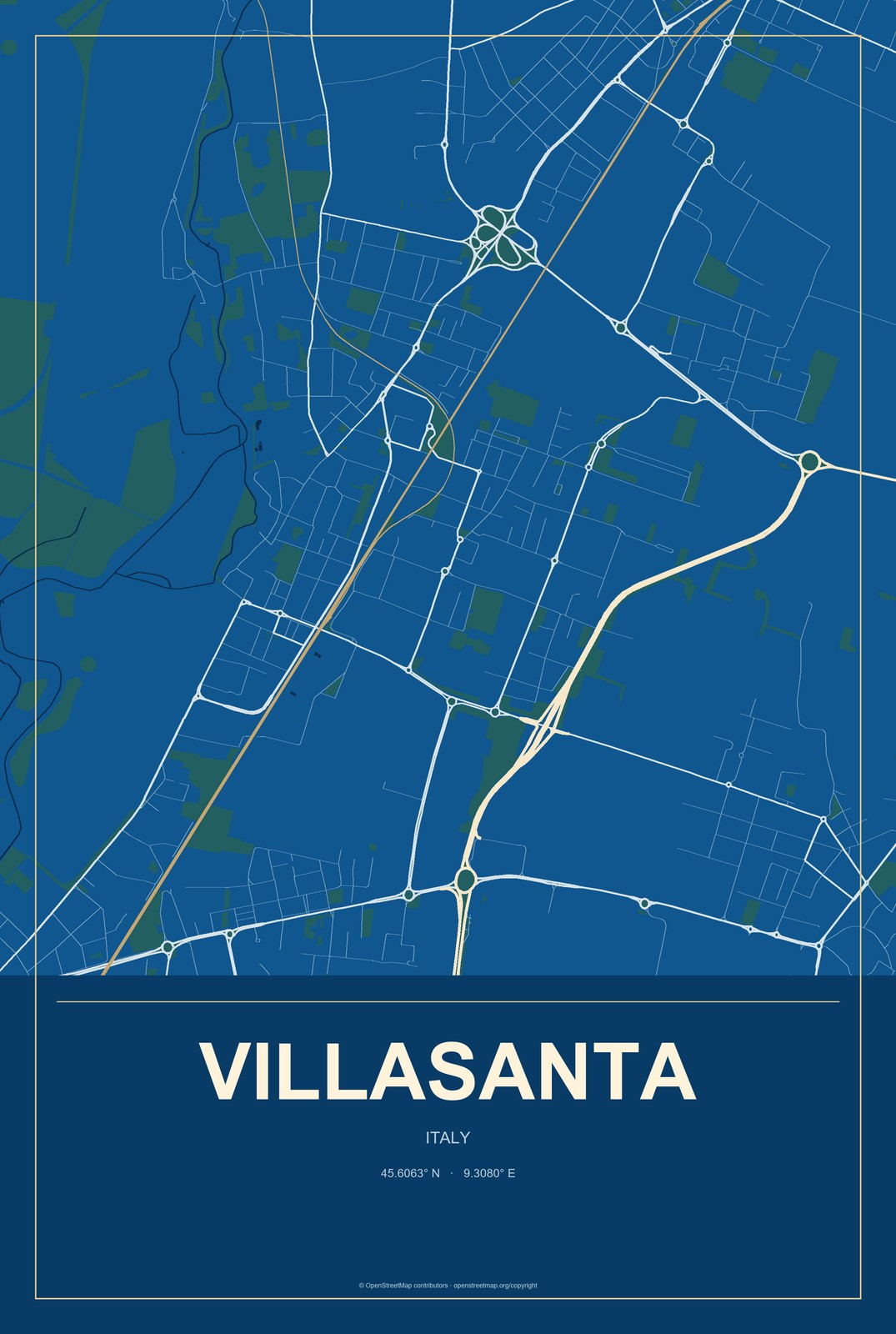 Villasanta, Italy City Map Aluminum Sign in Harbor Cobalt style