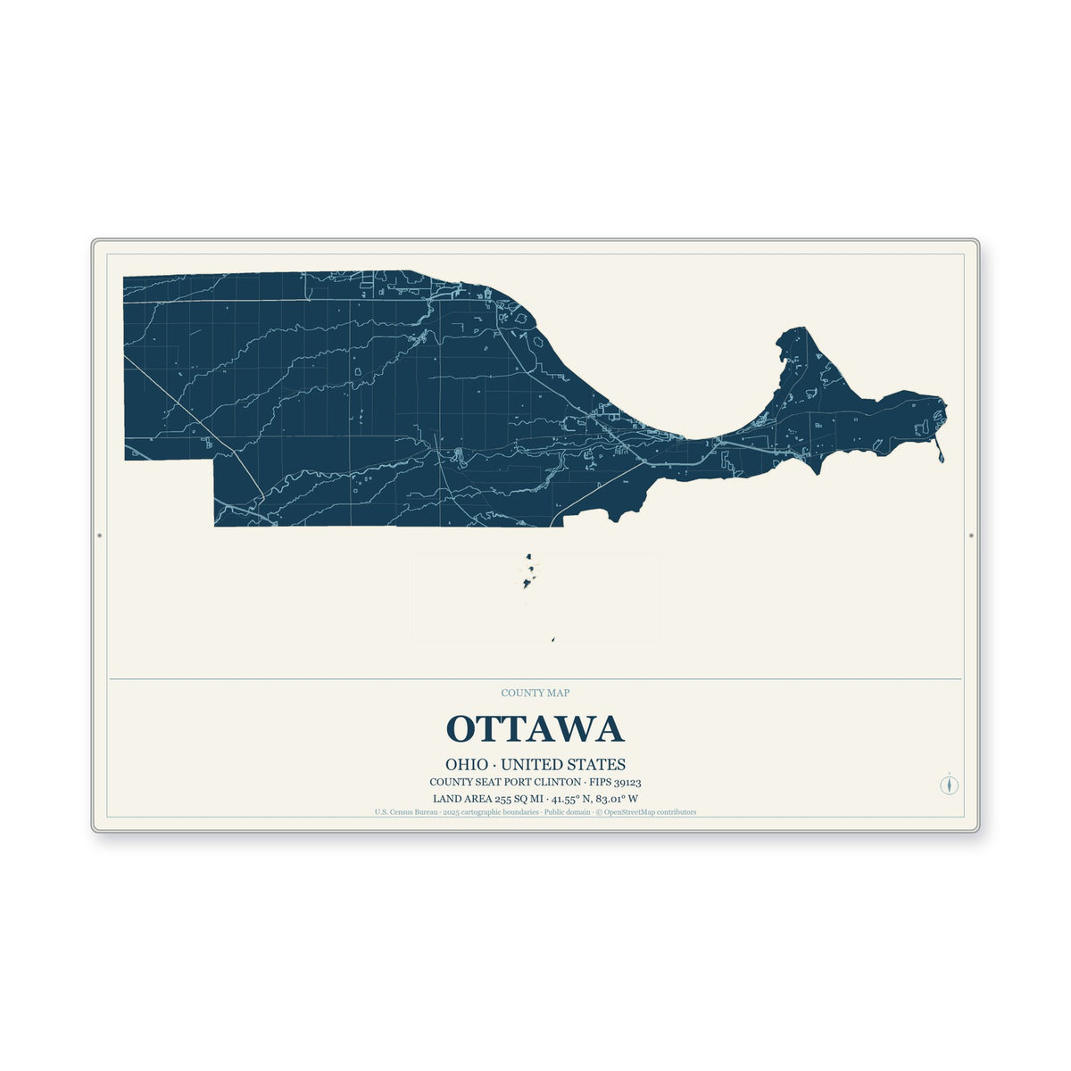 Ottawa County, Ohio Map Aluminum Sign in Coastal Cutout style