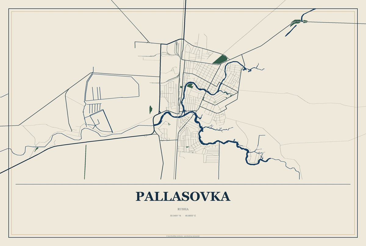 Pallasovka, Russia City Map Aluminum Sign in Coastal Cutout style