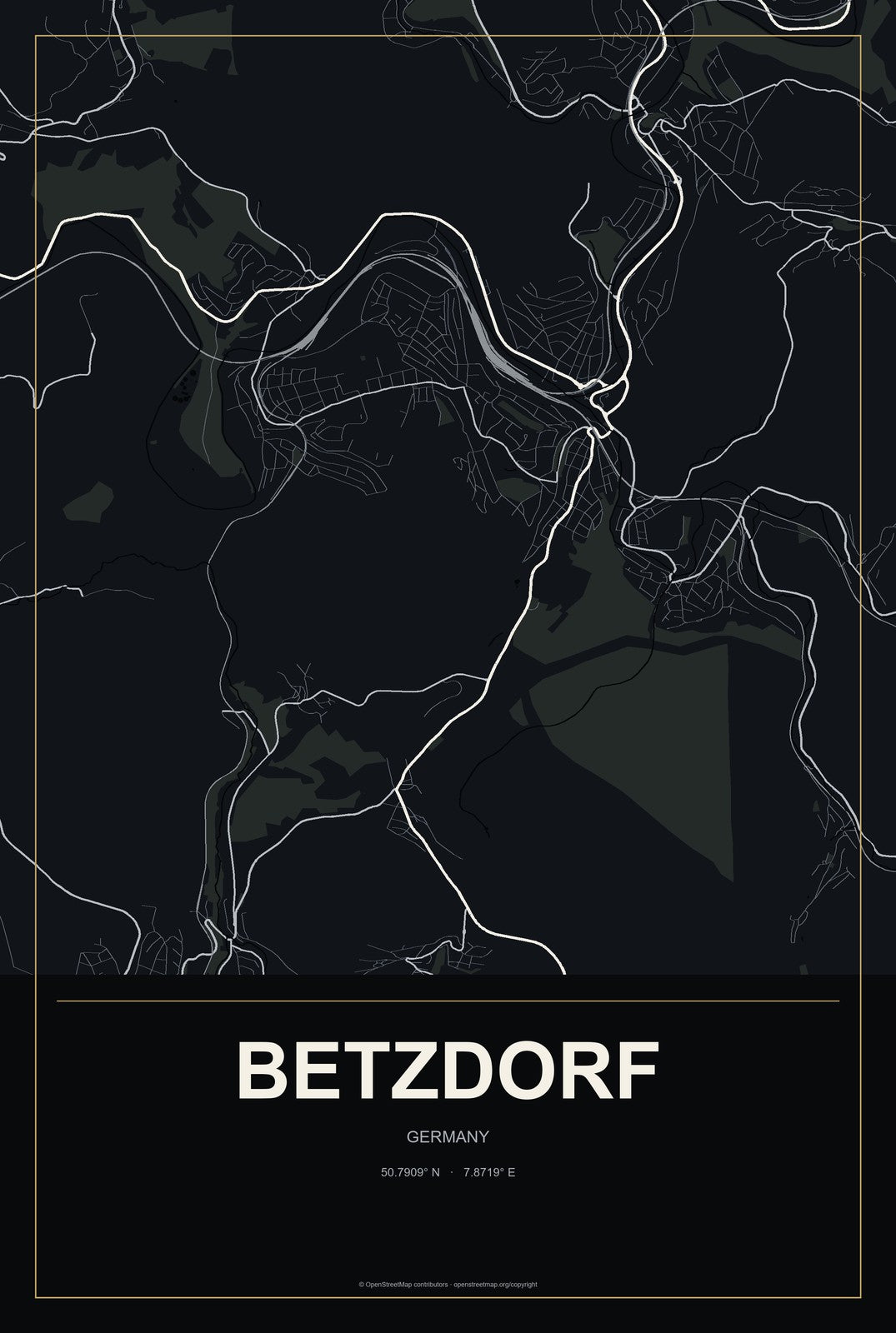 Betzdorf, Germany City Map Aluminum Sign in Metropolitan Noir style