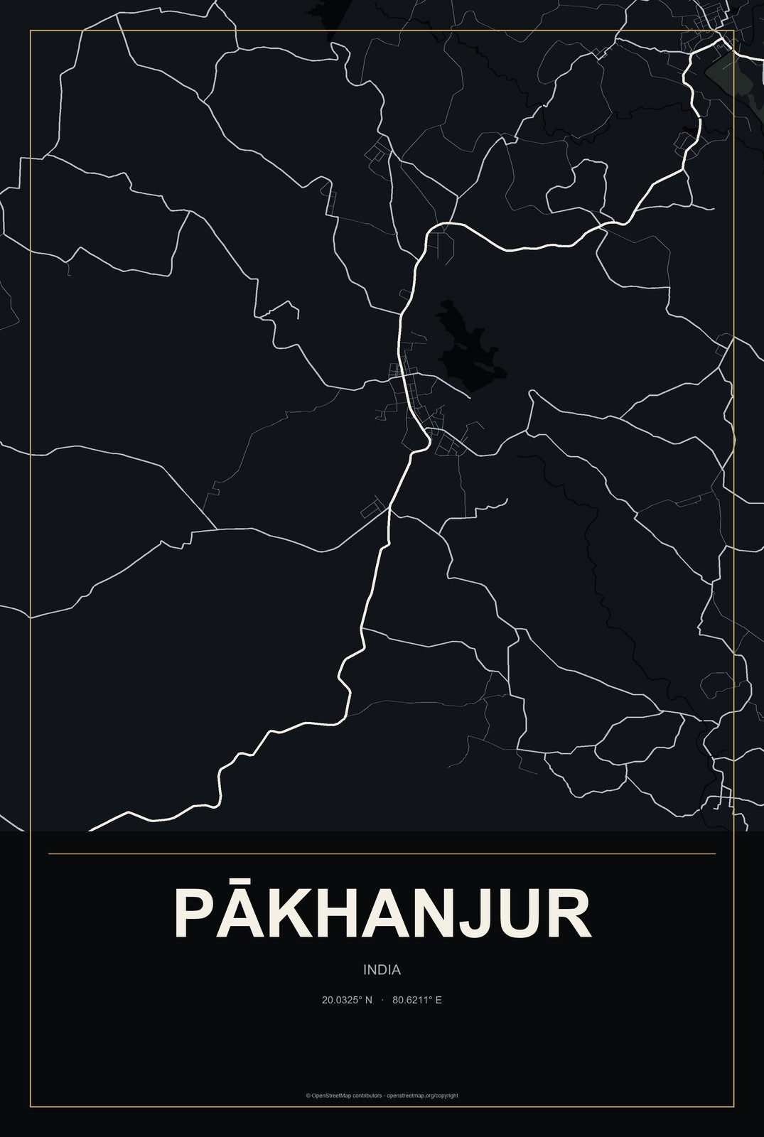 Pākhanjur, India City Map Aluminum Sign in Metropolitan Noir style