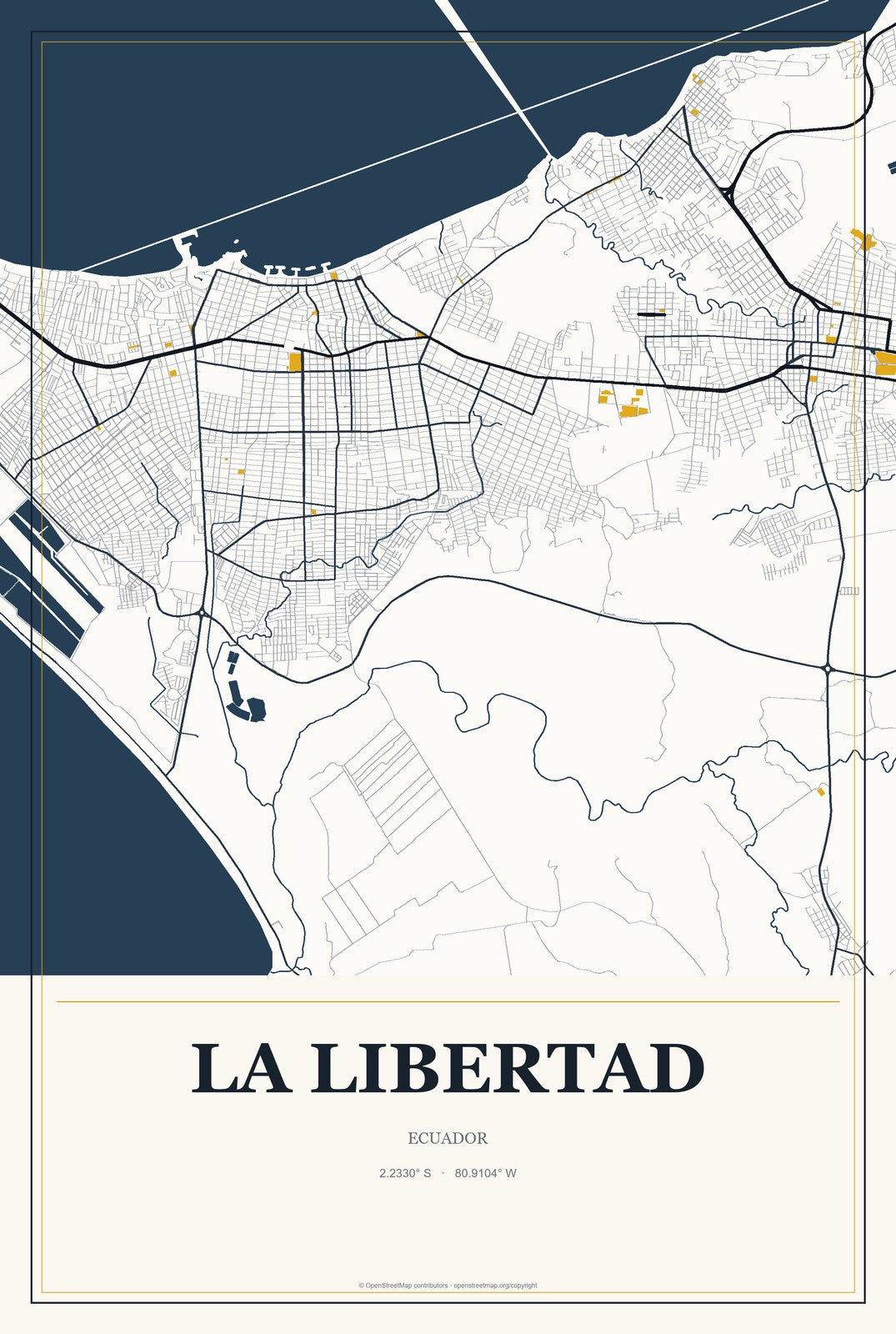 La Libertad, Ecuador City Map Aluminum Sign in Citrine Modern style