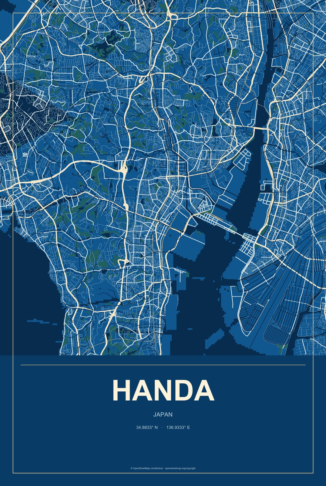 Handa, Japan City Map Aluminum Sign in Harbor Cobalt style