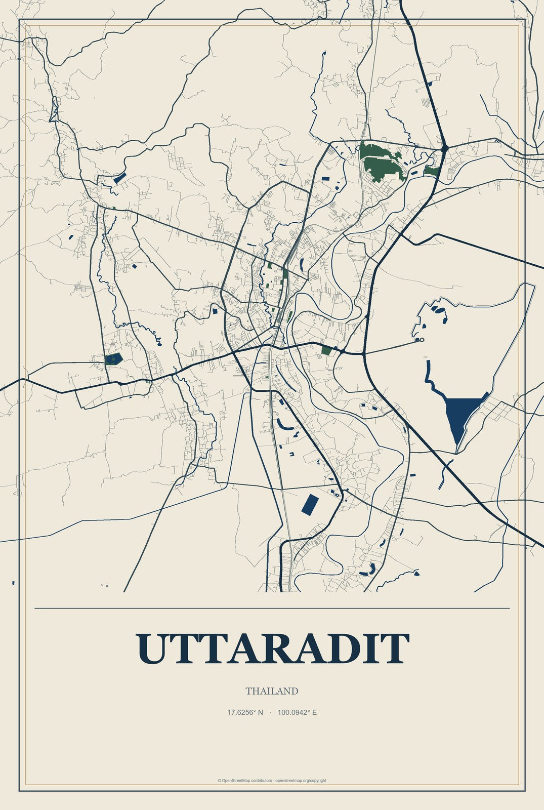 Uttaradit, Thailand City Map Aluminum Sign in Coastal Cutout style