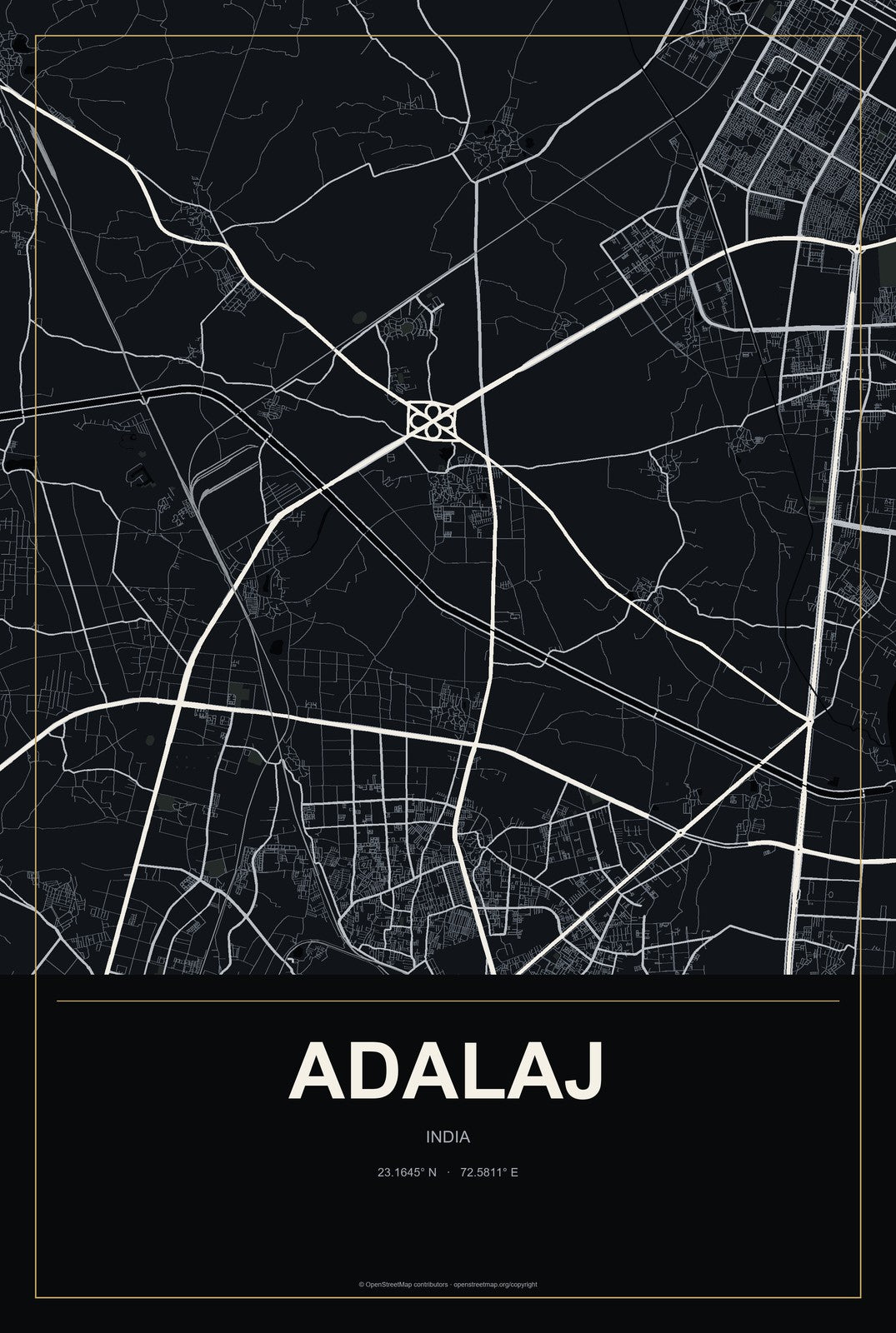 Adalaj, India City Map Aluminum Sign in Metropolitan Noir style