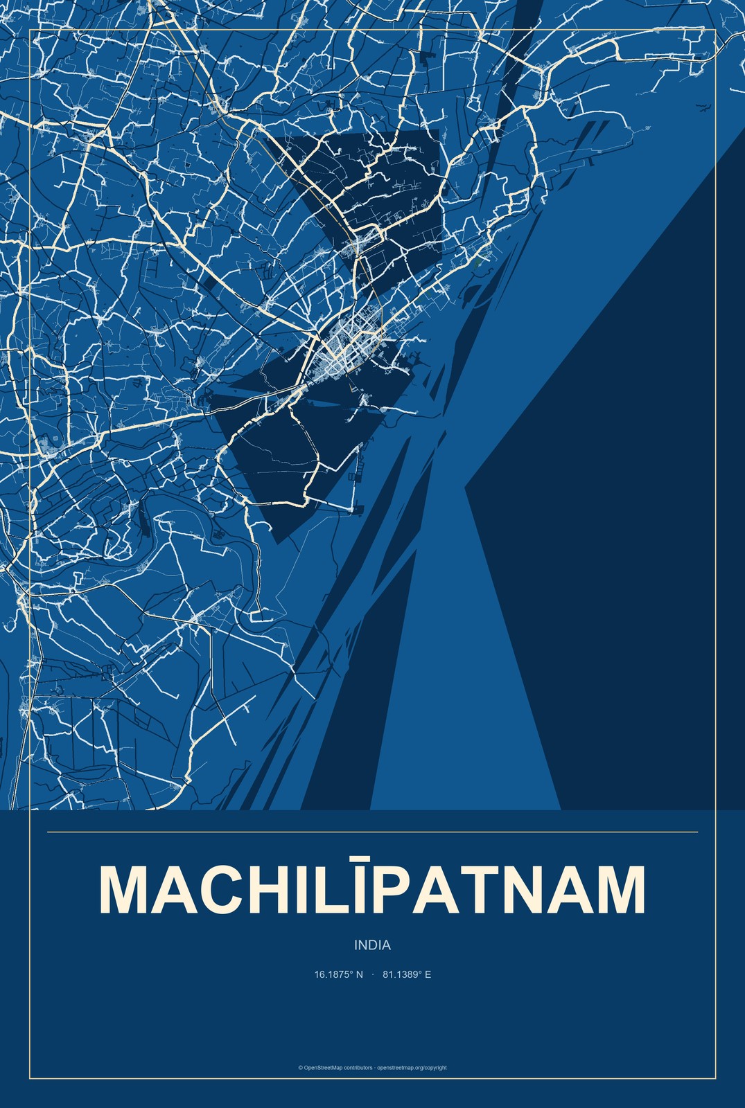 Machilīpatnam, India City Map Aluminum Sign in Harbor Cobalt style