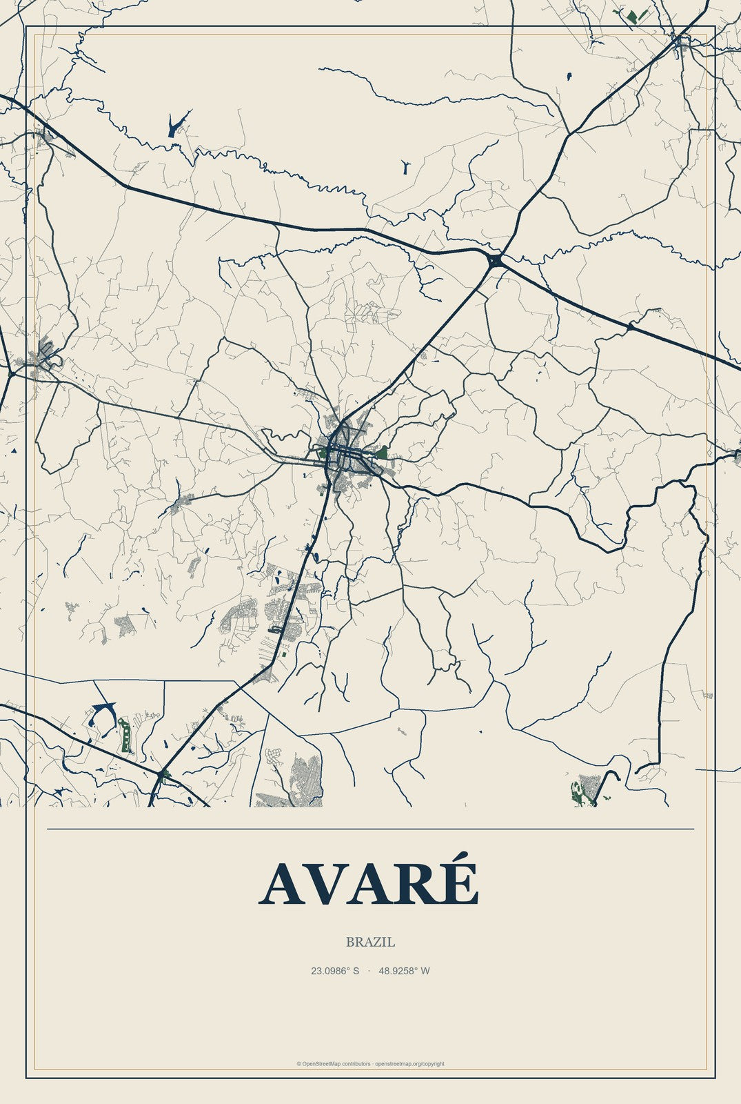 Avaré, Brazil City Map Aluminum Sign in Coastal Cutout style
