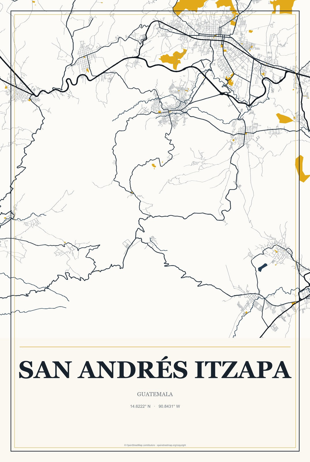 San Andrés Itzapa, Guatemala City Map Aluminum Sign in Citrine Modern style