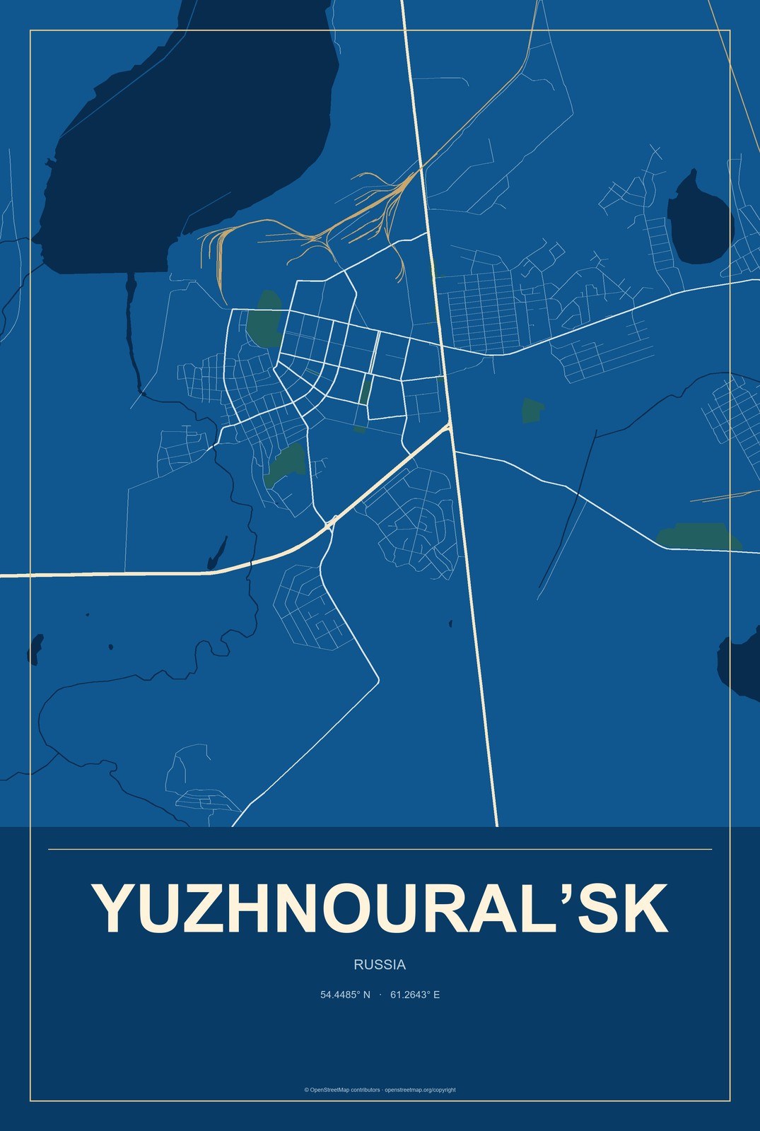 Yuzhnoural’sk, Russia City Map Aluminum Sign in Harbor Cobalt style
