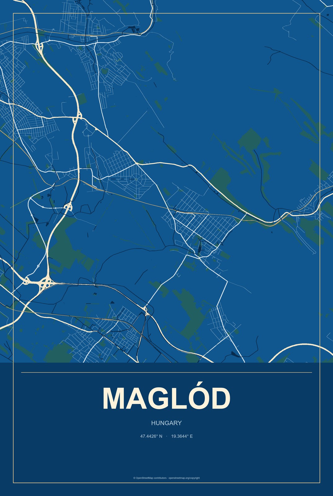 Maglód, Hungary City Map Aluminum Sign in Harbor Cobalt style