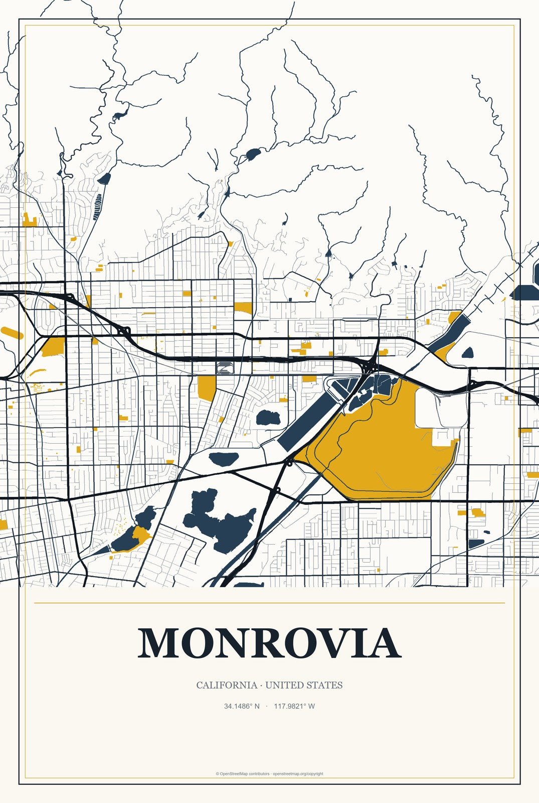 Monrovia, California City Map Aluminum Sign in Citrine Modern style