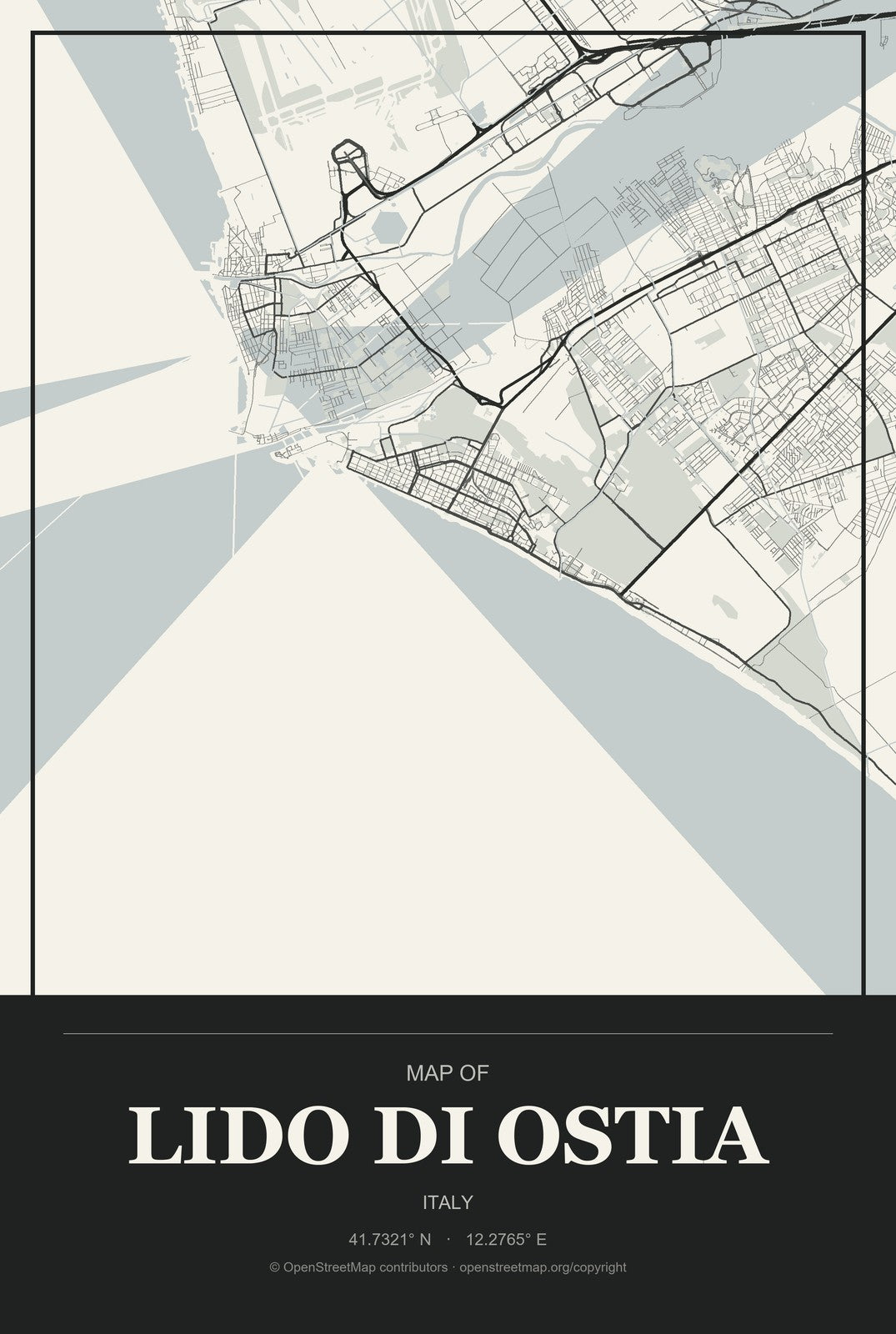 Lido di Ostia, Italy City Map Aluminum Sign in Museum Plaque style