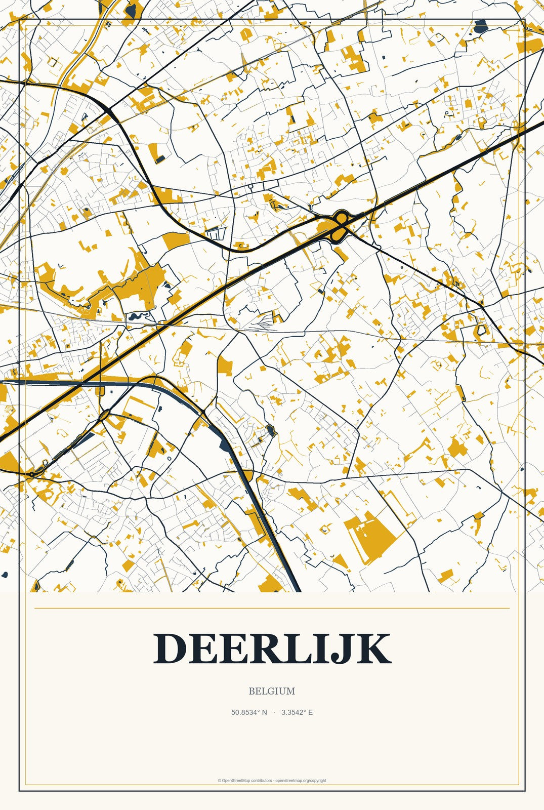Deerlijk, Belgium City Map Aluminum Sign in Citrine Modern style
