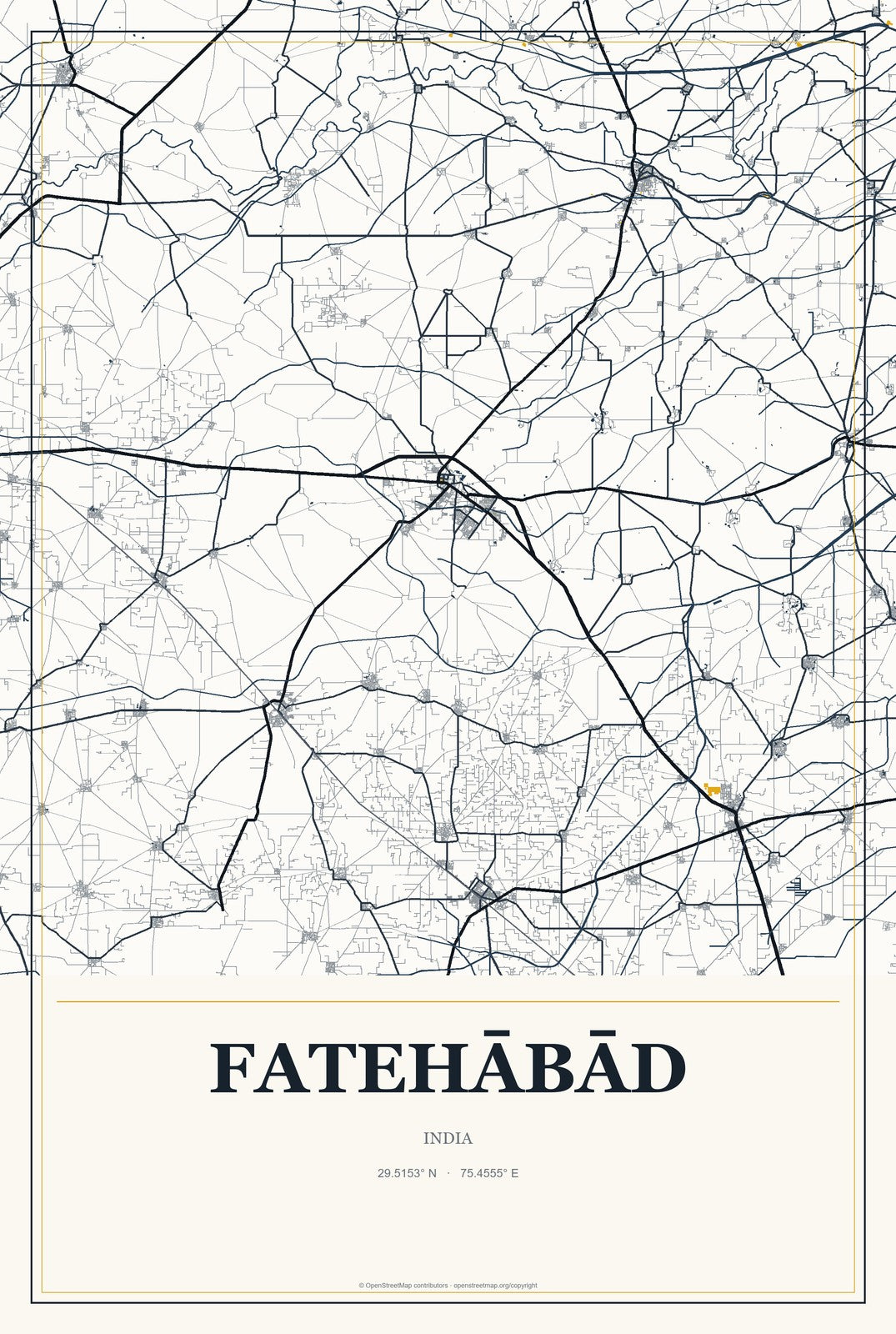 Fatehābād, Haryana, India City Map Aluminum Sign in Citrine Modern style
