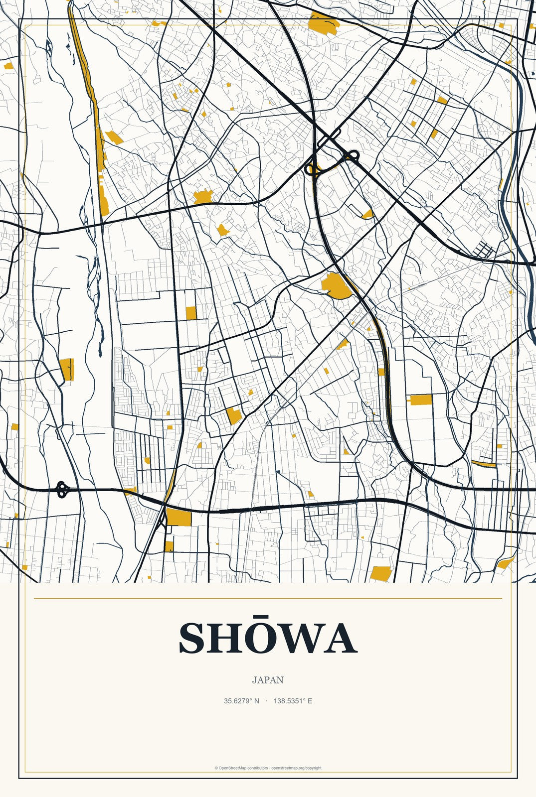 Shōwa, Japan City Map Aluminum Sign in Citrine Modern style
