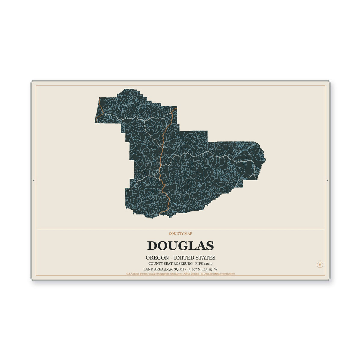 Douglas County, Oregon Map Aluminum Sign in Headline Atlas style