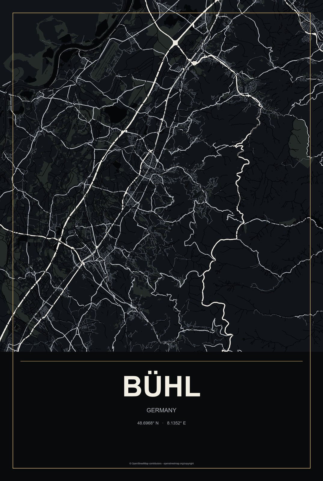 Bühl, Germany City Map Aluminum Sign in Metropolitan Noir style