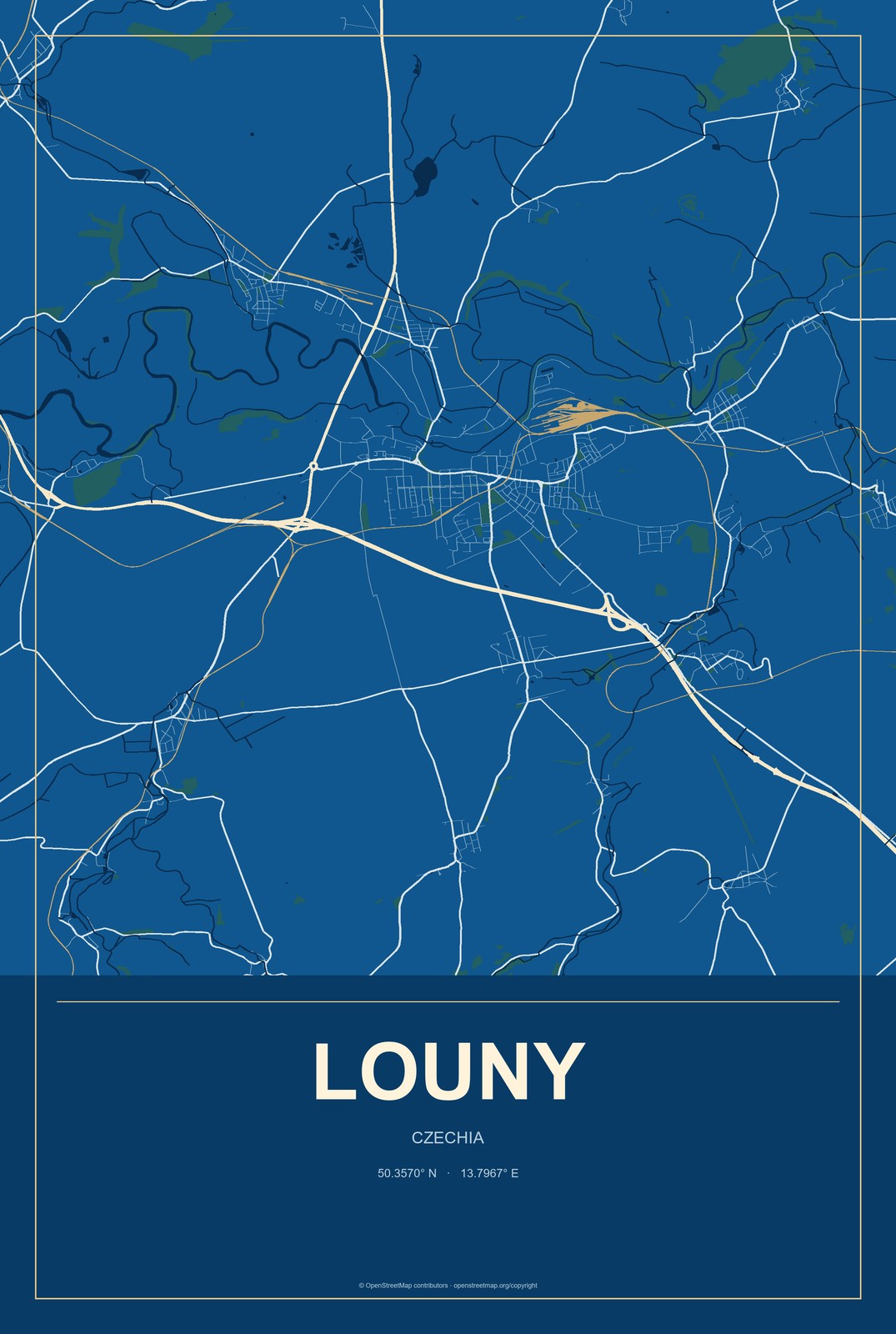 Louny, Czechia City Map Aluminum Sign in Harbor Cobalt style