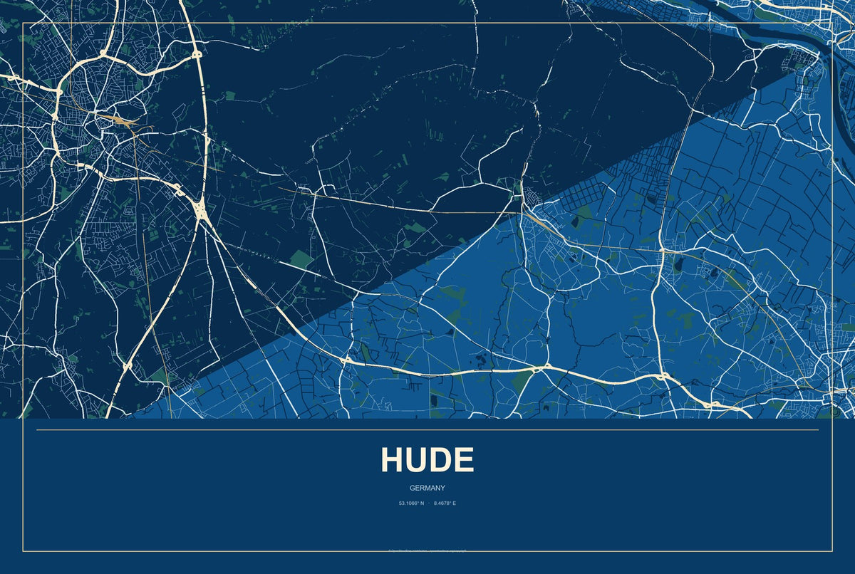 Hude, Germany City Map Aluminum Sign in Harbor Cobalt style