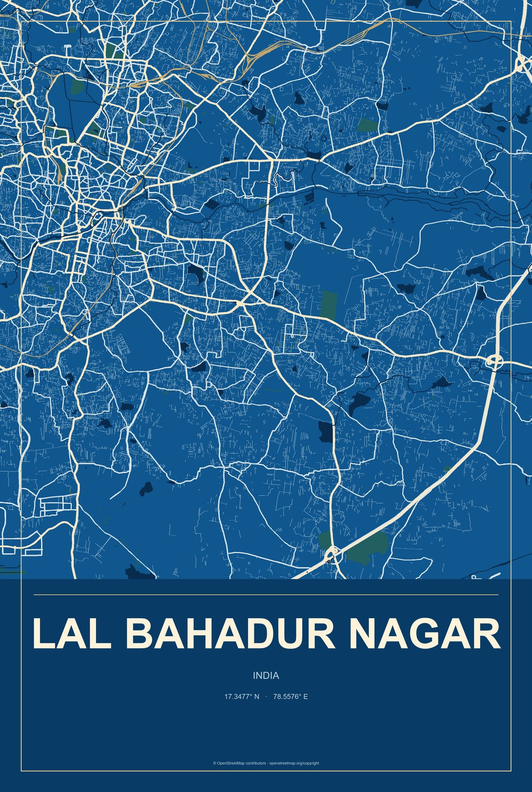 Lal Bahadur Nagar, India City Map Aluminum Sign in Harbor Cobalt style