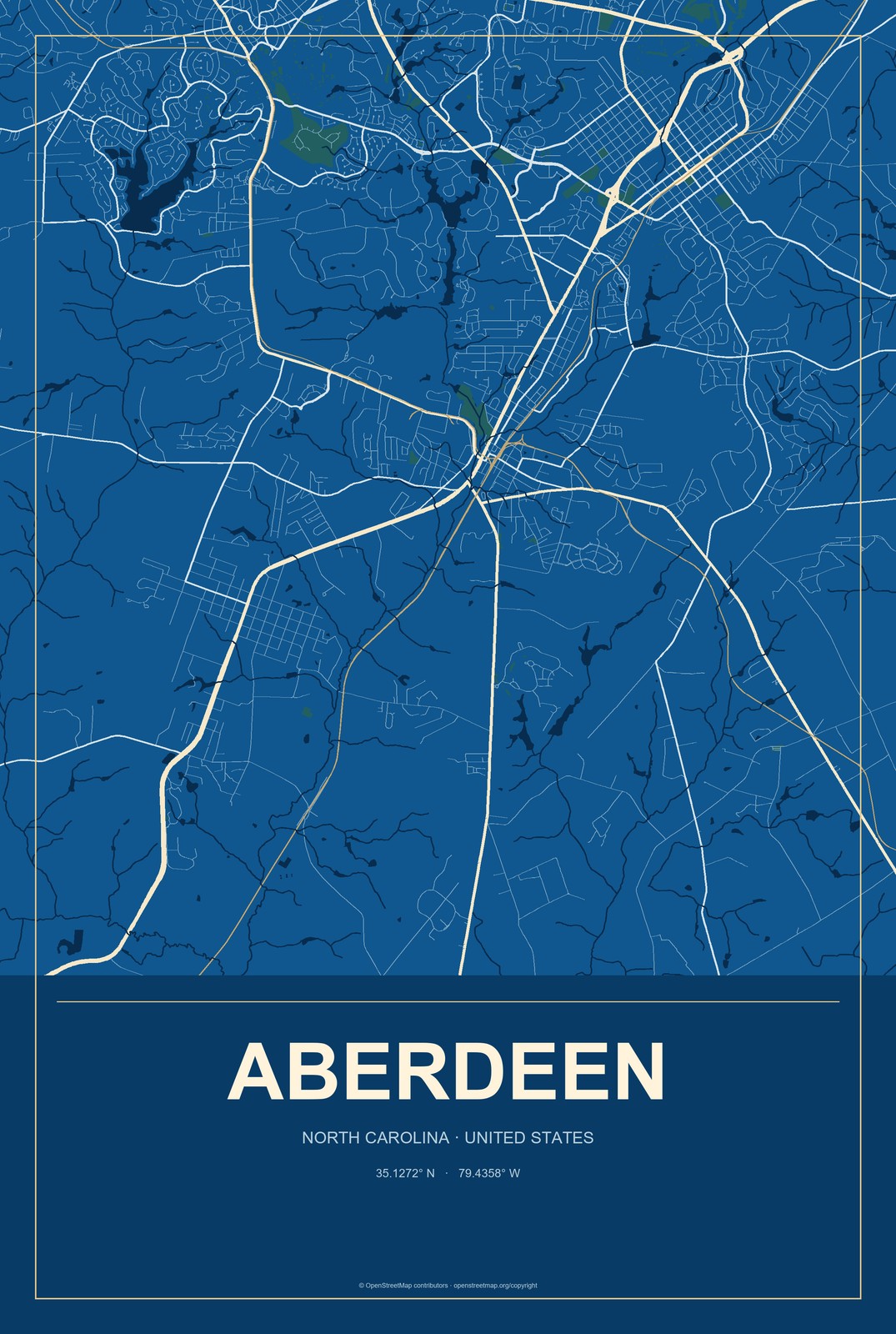 Aberdeen, North Carolina City Map Aluminum Sign in Harbor Cobalt style