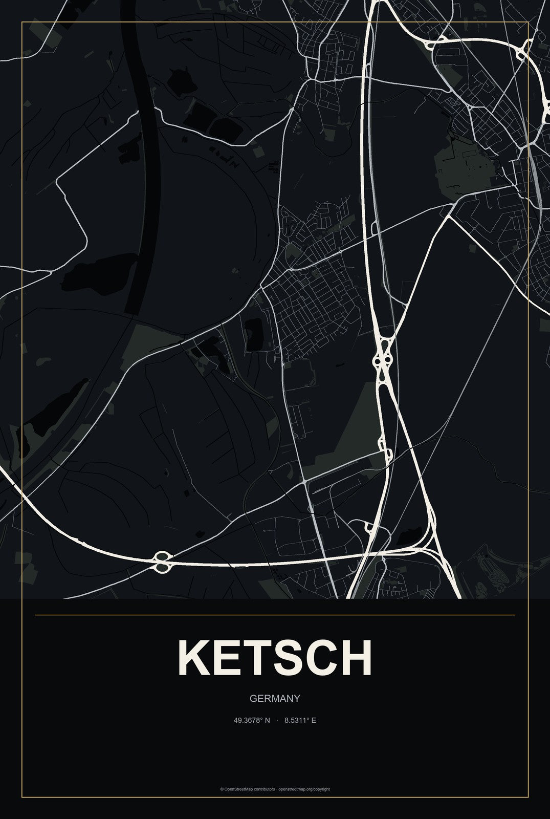 Ketsch, Germany City Map Aluminum Sign in Metropolitan Noir style