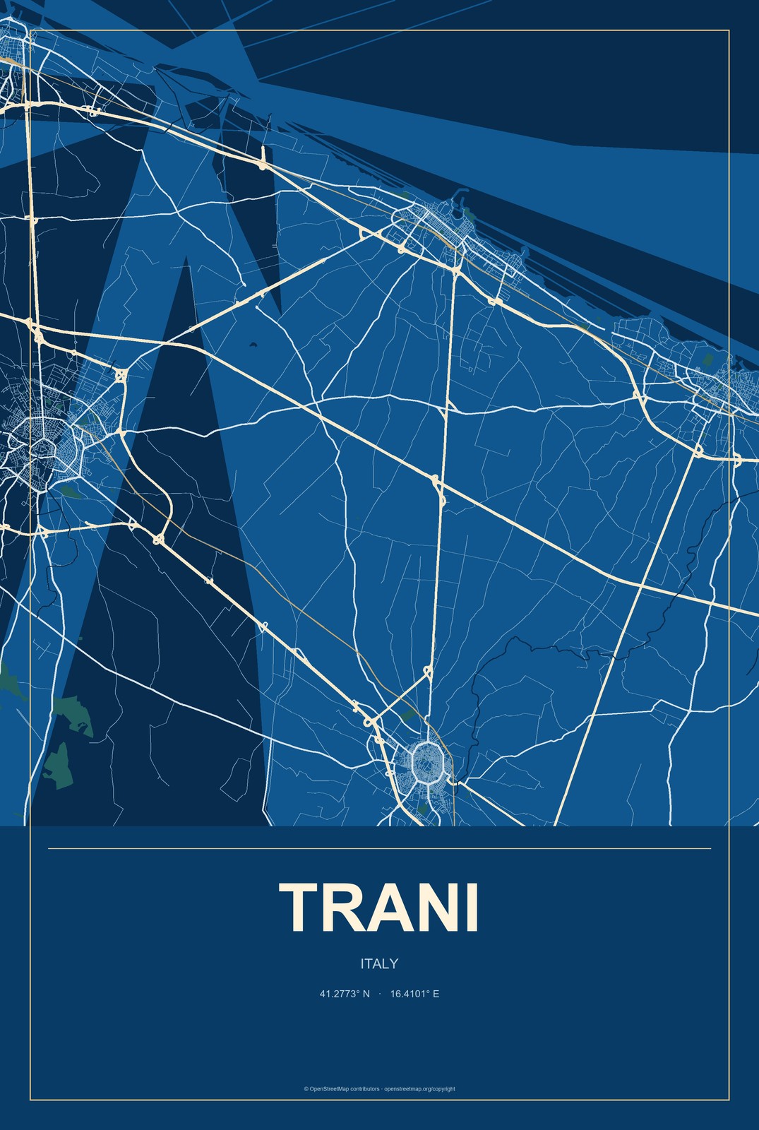 Trani, Italy City Map Aluminum Sign in Harbor Cobalt style