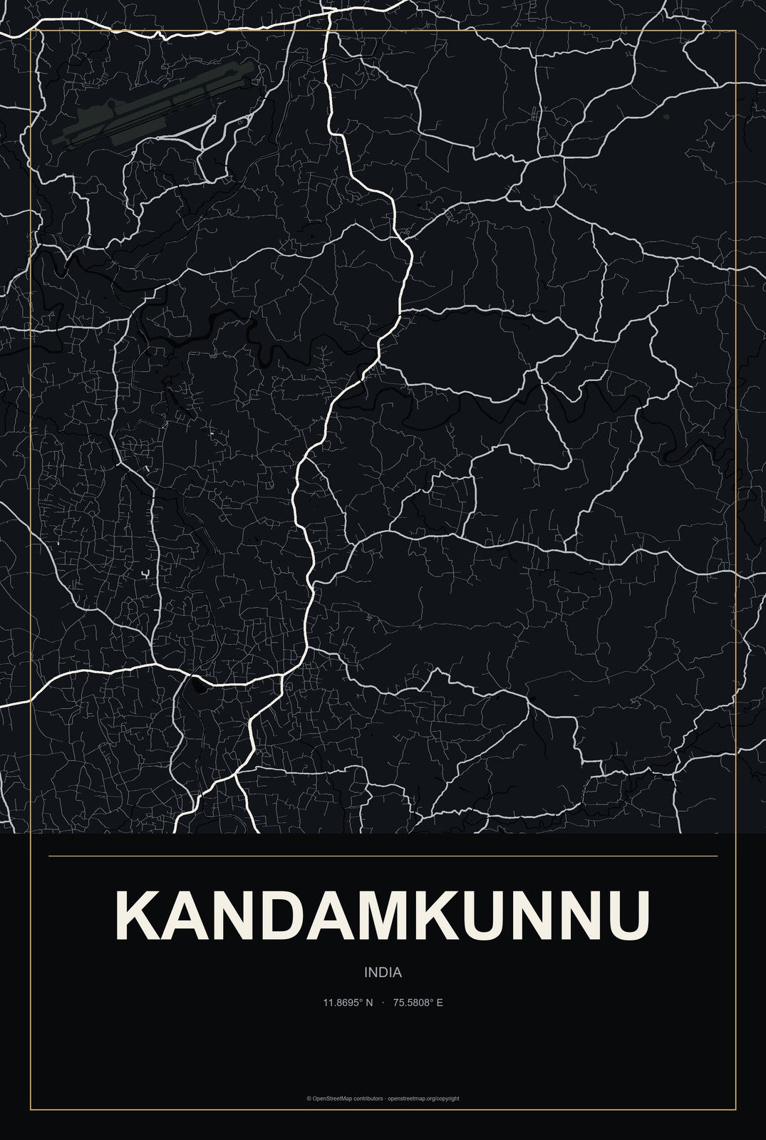 Kandamkunnu, India City Map Aluminum Sign in Metropolitan Noir style