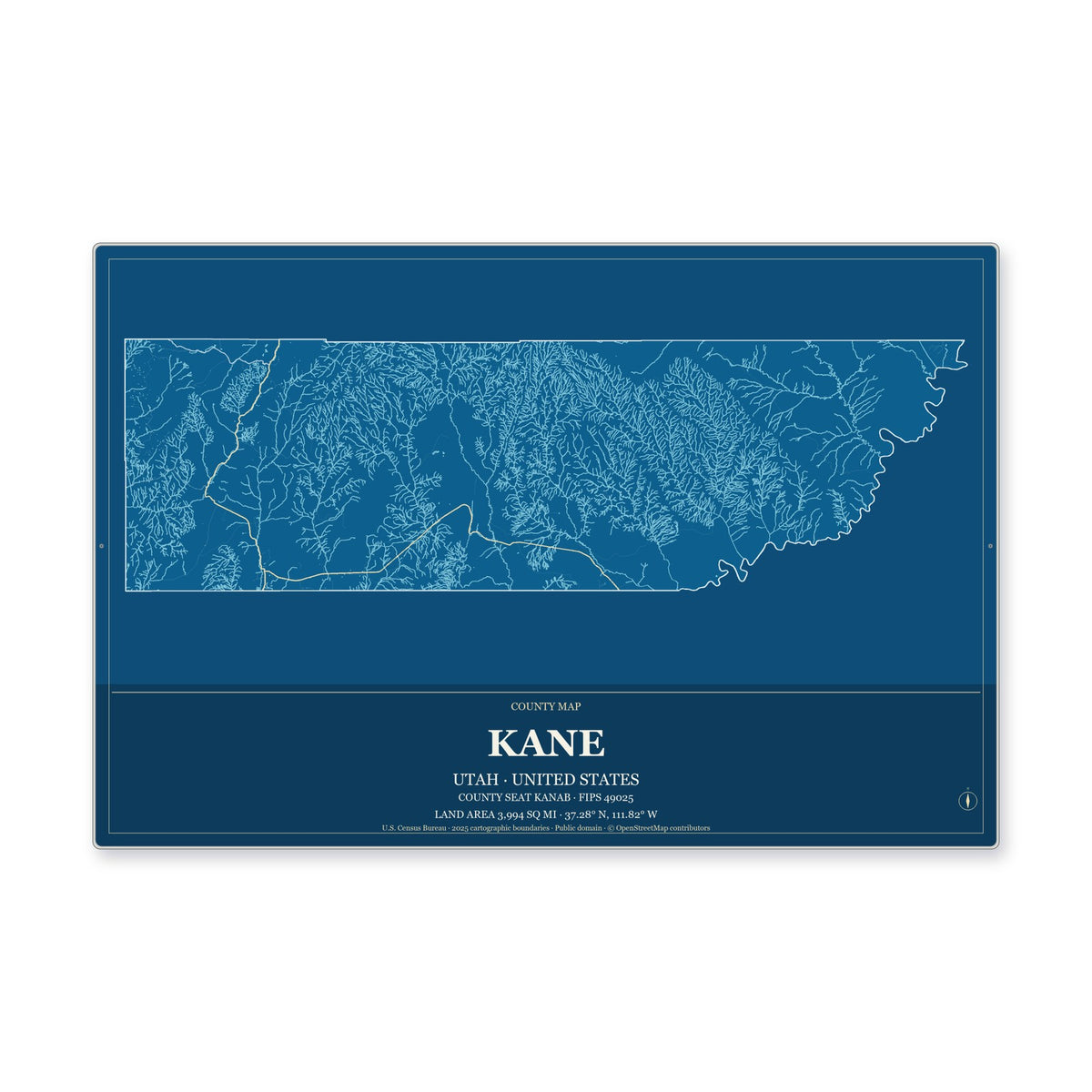 Kane County, Utah Map Aluminum Sign in Harbor Cobalt style