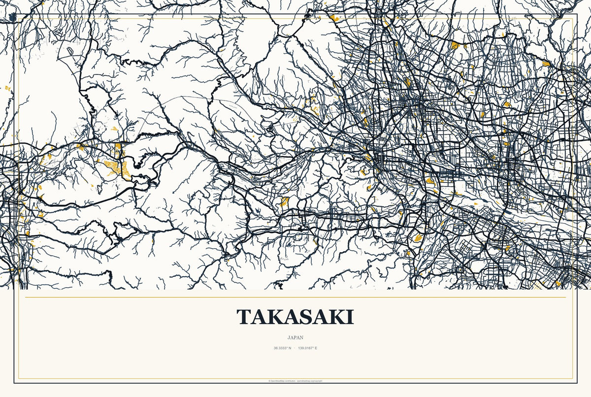 Takasaki, Japan City Map Aluminum Sign in Citrine Modern style