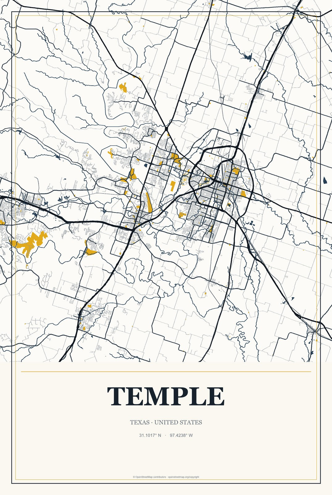 Temple, Texas City Map Aluminum Sign in Citrine Modern style