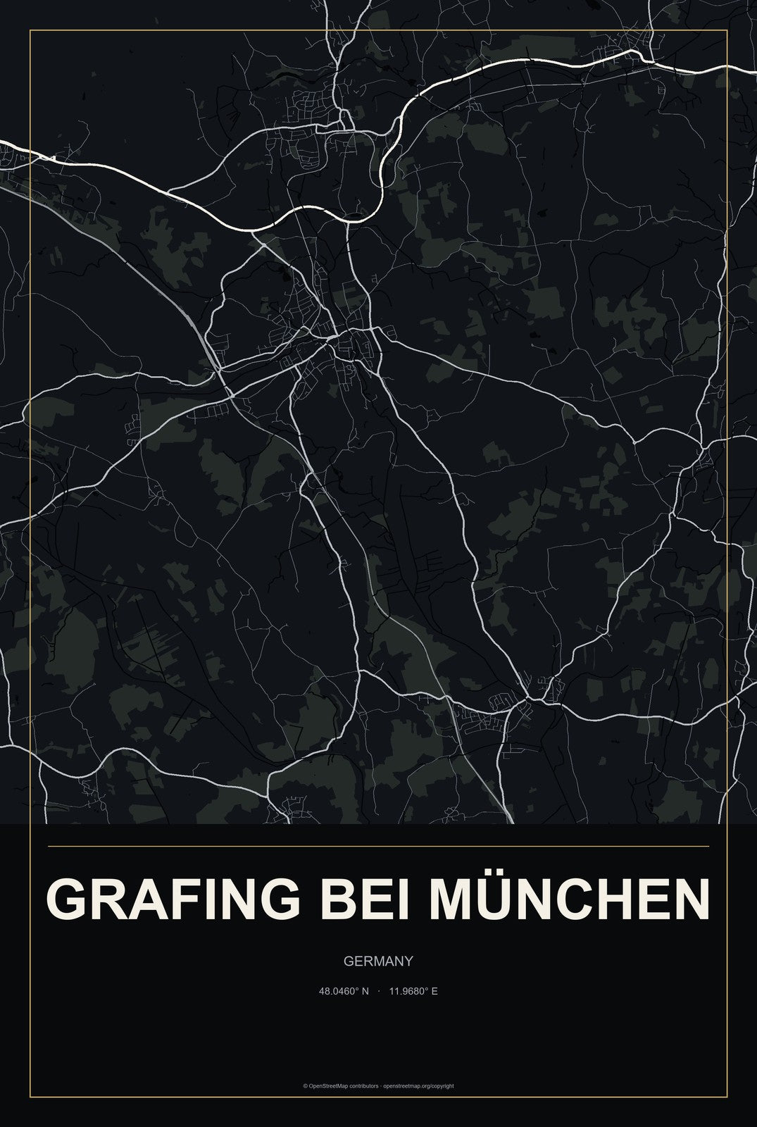 Grafing bei München, Germany City Map Aluminum Sign in Metropolitan Noir style