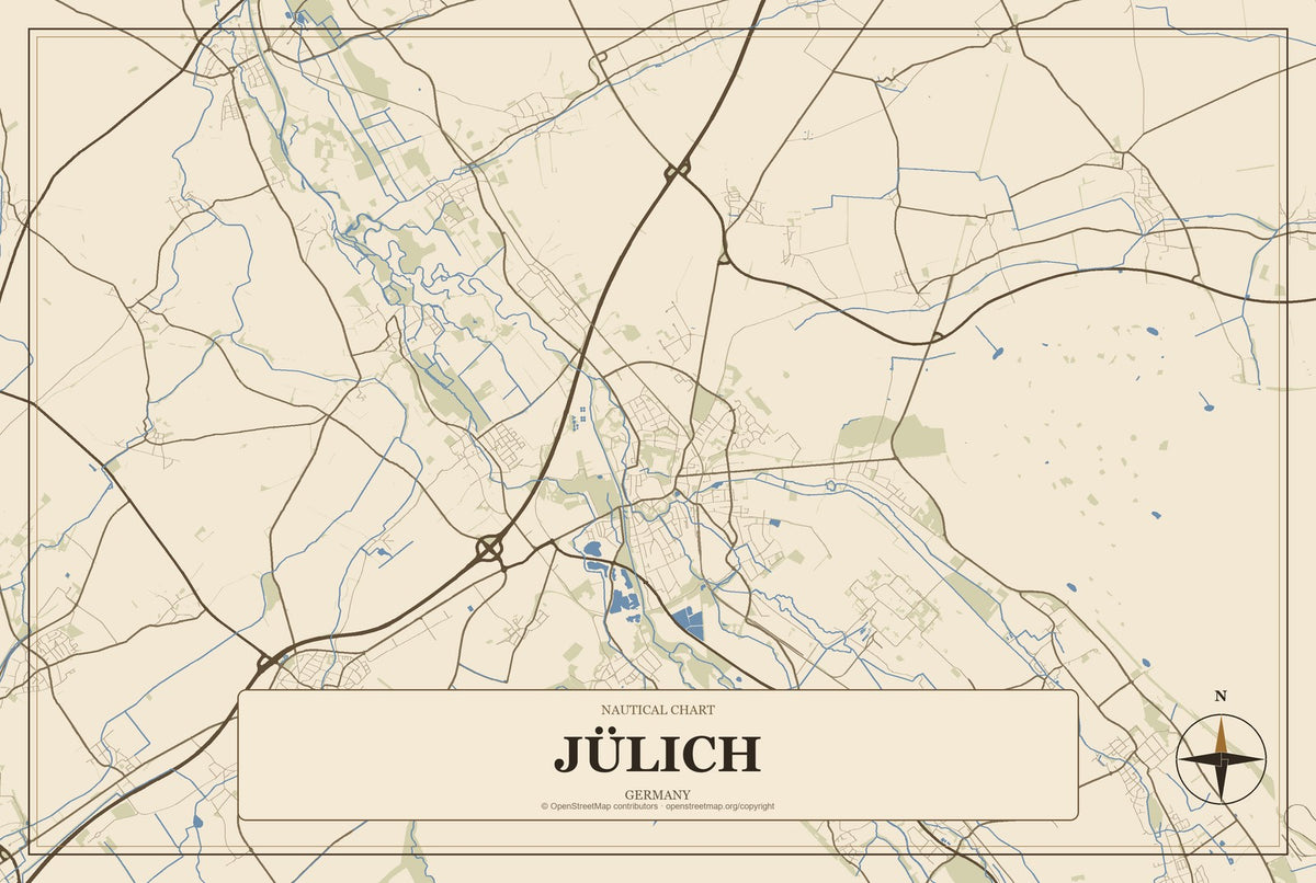 Jülich, Germany City Map Aluminum Sign in Heritage Nautical style