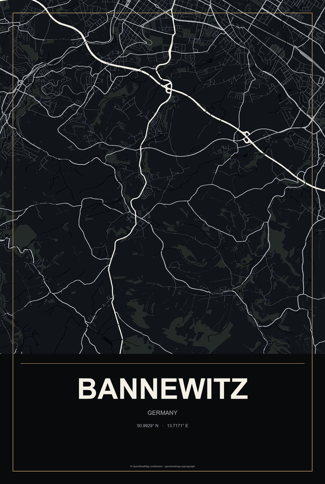 Bannewitz, Germany City Map Aluminum Sign in Metropolitan Noir style