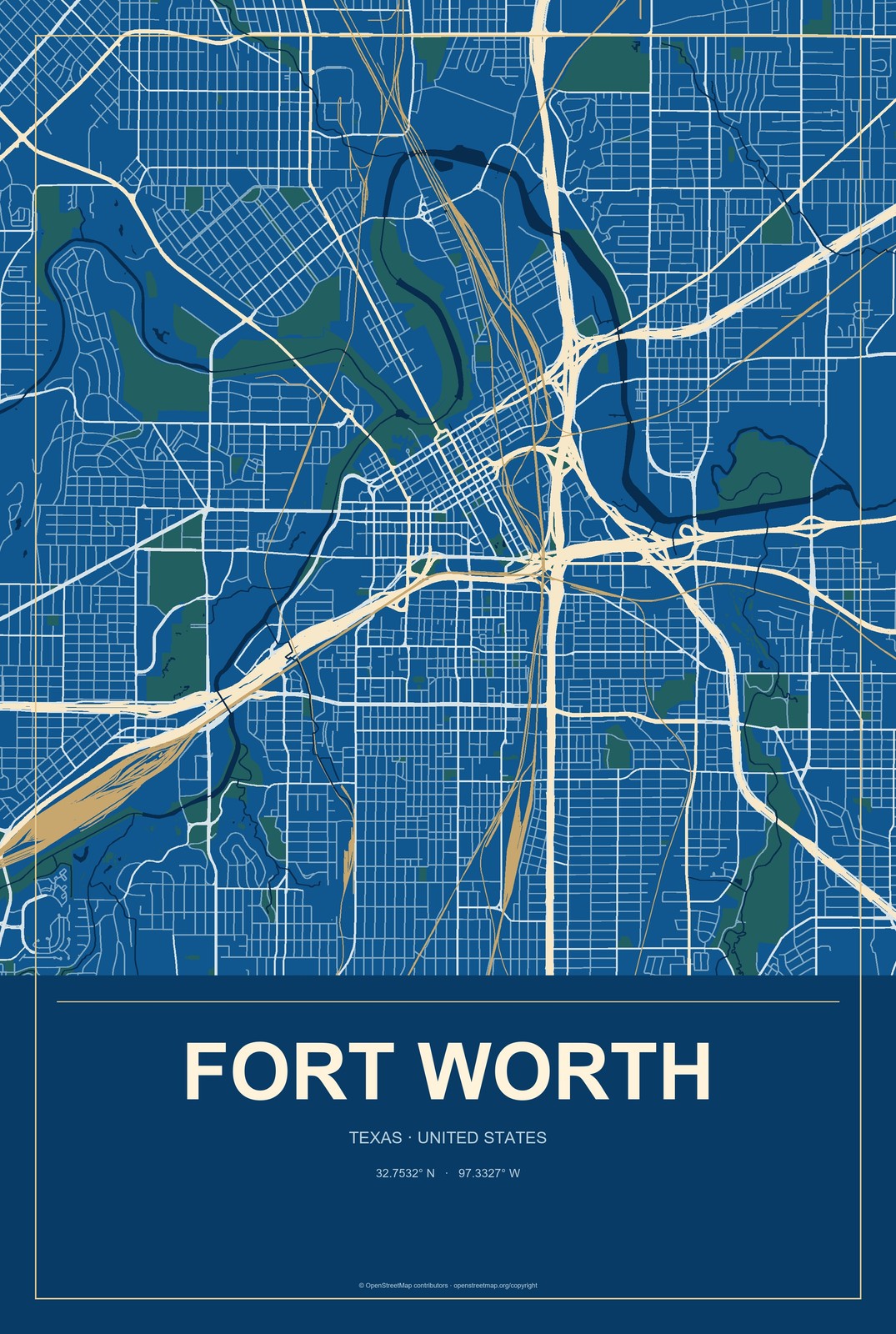 Fort Worth, Texas City Map Aluminum Sign in Harbor Cobalt style