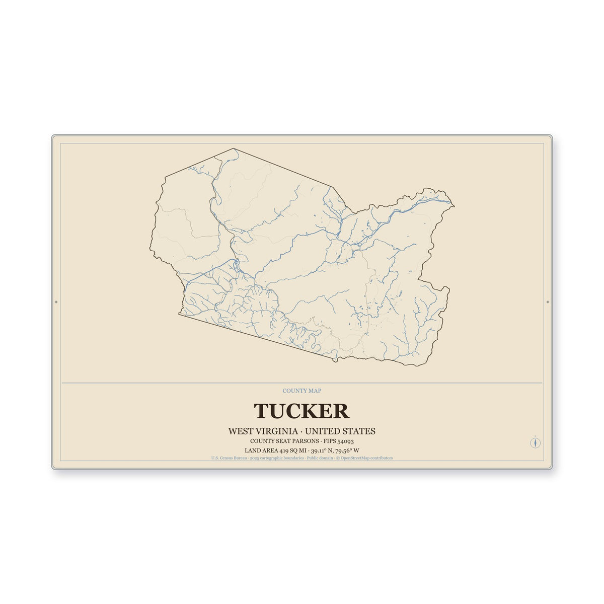 Tucker County, West Virginia Map Aluminum Sign in Heritage Nautical style