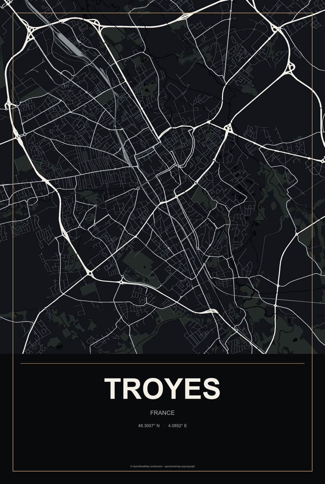Troyes, France City Map Aluminum Sign in Metropolitan Noir style